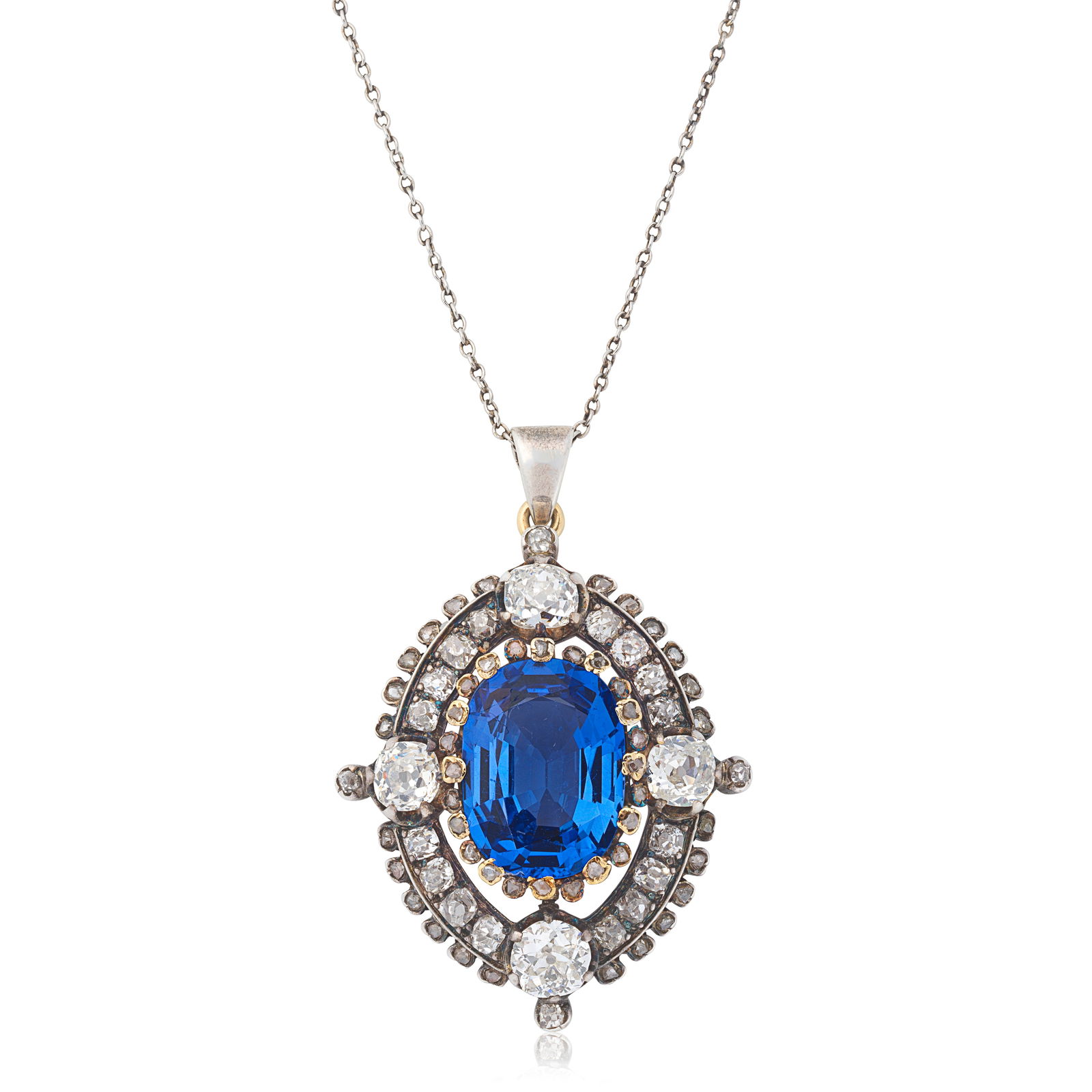 SAPPHIRE AND DIAMOND PENDANT, CIRCA 1890: SAPPHIRE AND DIAMOND PENDANT, CIRCA 1890The cushion-shaped sapphire within an old brilliant and cushion-shaped diamond openwork frame, each cardinal point accented by a rose-cut diamond, sapphire