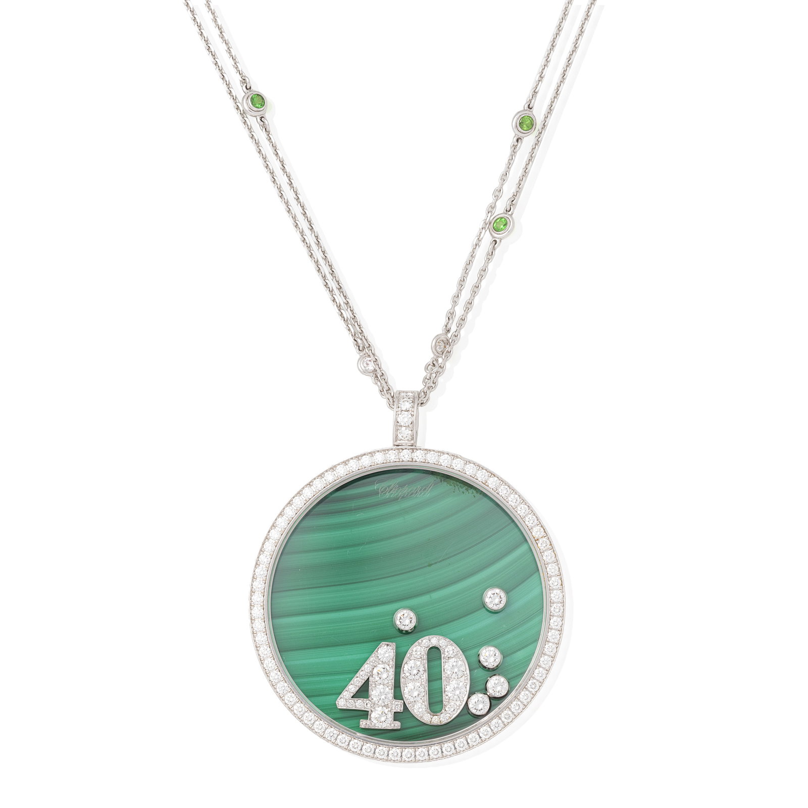 CHOPARD: DIAMOND AND GEM-SET 'HAPPY DIAMONDS' NECKLACE: CHOPARD: DIAMOND AND GEM-SET 'HAPPY DIAMONDS' NECKLACE The glazed compartment with floating brilliant-cut diamonds and '4' '0' motifs, to a malachite ground, within a brilliant-cut diamond surround, s