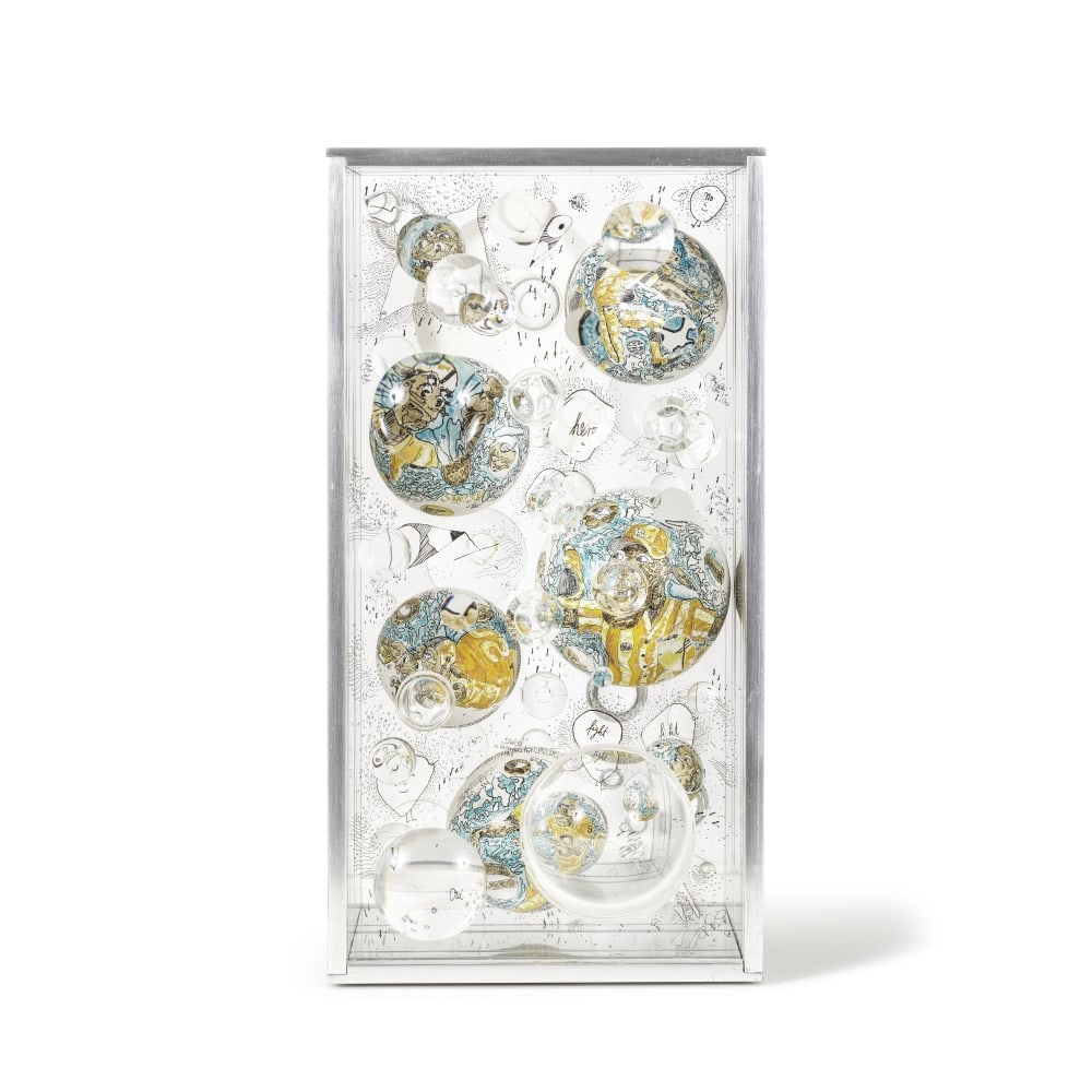 MARY BAUERMEISTER (1934-2023) Swish: MARY BAUERMEISTER (1934-2023) Swish signé, inscrit et daté 'Swish, M. Bauermeister 1969' (en bas au centre) acrylique et encre sur bois sculpté, assemblage de verre et lentilles optique