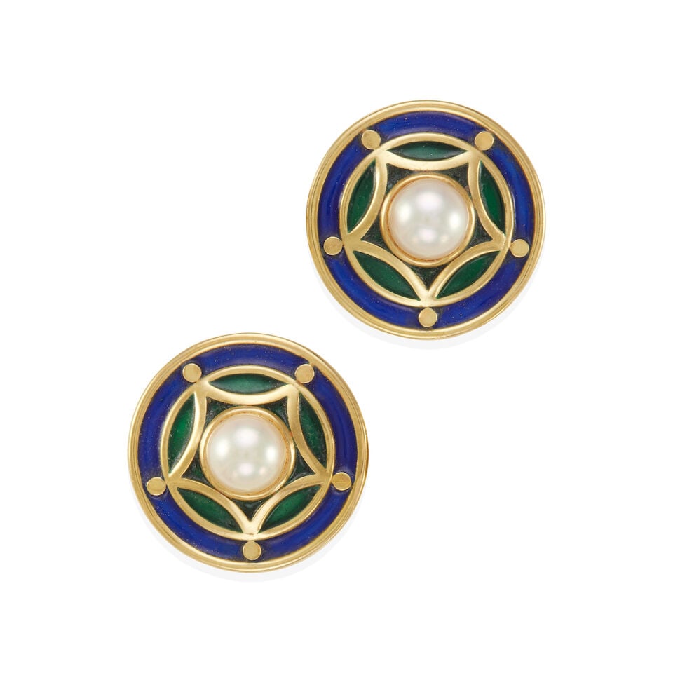 18K GOLD, ENAMEL, AND CULTURED PEARL EARRINGS: 18K GOLD, ENAMEL, AND CULTURED PEARL EARRINGS • 18k yellow gold • 2 spherical half-drilled cultured pearls measuring 8.40 mm and 8.25 mm each in diameter • Maker's mark