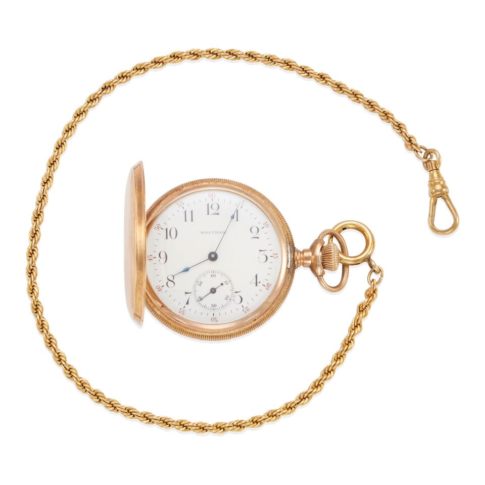 WALTHAM: 14K GOLD POCKET WATCH WITH GOLD-FILLED WATCH CHAIN - 2