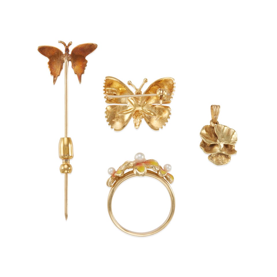 GROUP OF FOUR GOLD, CULTURED PEARL, AND ENAMEL JEWELRY ITEMS - 2