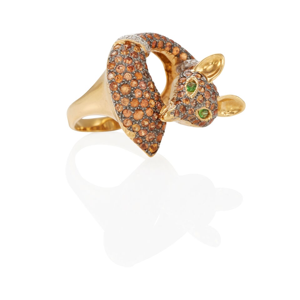 18K GOLD, ORANGE SAPPHIRE, DIAMOND AND GARNET RING - 2