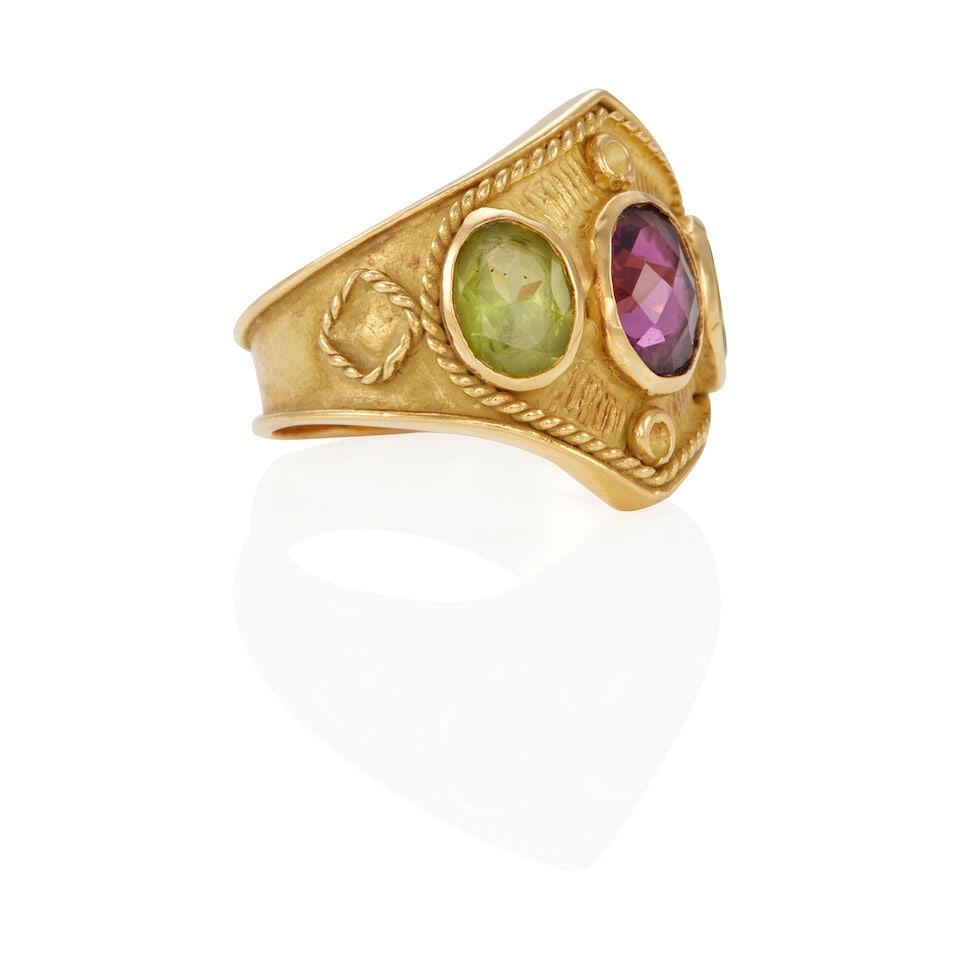 18K GOLD, GARNET AND PERIDOT RING - 2