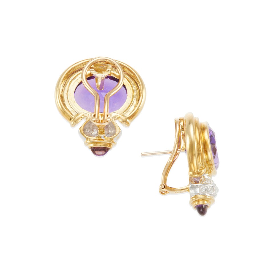 PAIR OF 18K BICOLOR GOLD, AMETHYST AND DIAMOND EARRINGS - 2