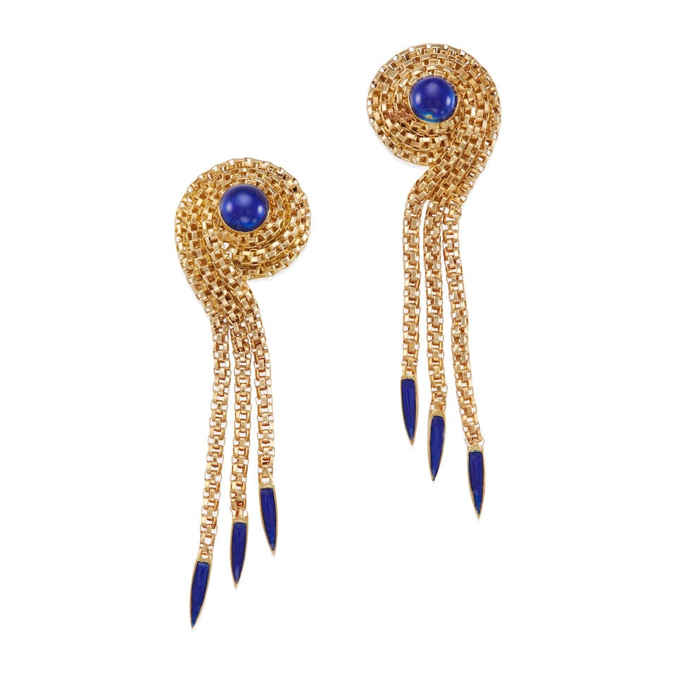 PAIR OF 18K GOLD AND ENAMEL EARRINGS: PAIR OF 18K GOLD AND ENAMEL EARRINGS • 18k yellow gold • Blue enamel accents • Maker's mark • Measures 2 1/8 x 3/8 in. • Estimated gross weight: 13.5