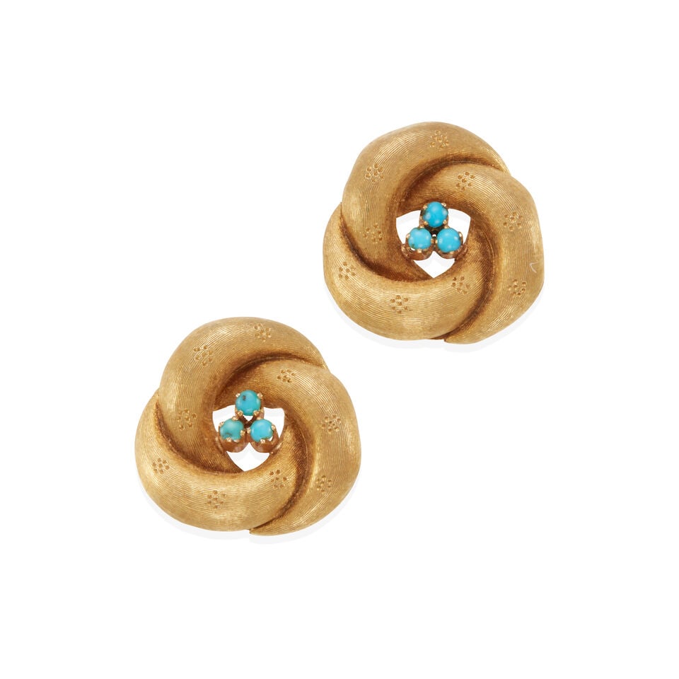 PAIR OF 18K GOLD AND TURQUOISE EARCLIPS: PAIR OF 18K GOLD AND TURQUOISE EARCLIPS • 18k yellow gold • 6 round turquoise accents measuring approximately 2.62 mm • Measures 15/16 x 15/16 in. • Estimated gross weight: