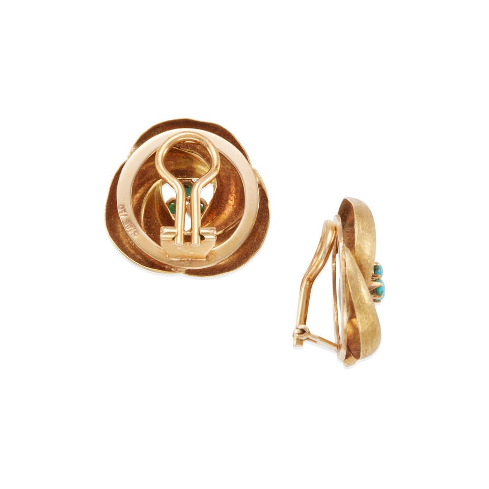 PAIR OF 18K GOLD AND TURQUOISE EARCLIPS - 2