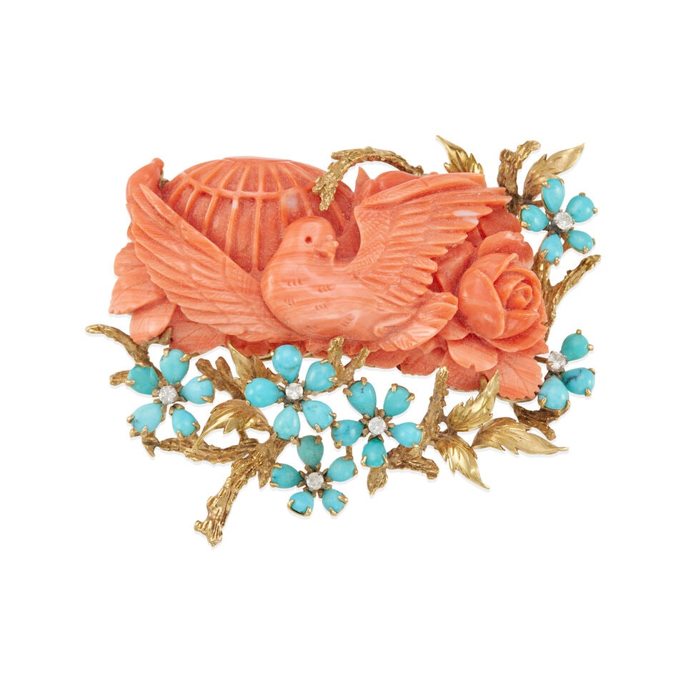 14K GOLD, CORAL, TURQUOISE AND DIAMOND BROOCH: 14K GOLD, CORAL, TURQUOISE AND DIAMOND BROOCH • 14k yellow gold • 6 round diamonds weighing approximately 0.20 - 0.30 carat total • 1 coral carving measuring approximately 54.31 x 24