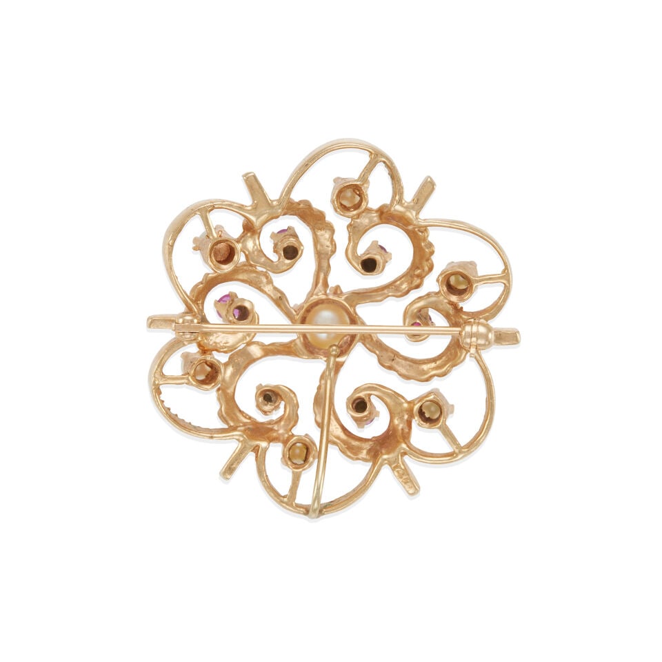 14K GOLD, CULTURED PEARL, AND RUBY BROOCH - 2