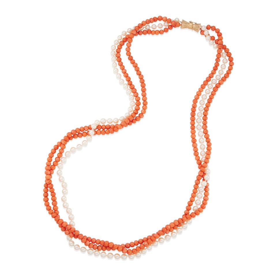 14K GOLD, CORAL, AND CULTURED PEARL 3-STRAND NECKLACE (1 of 2)