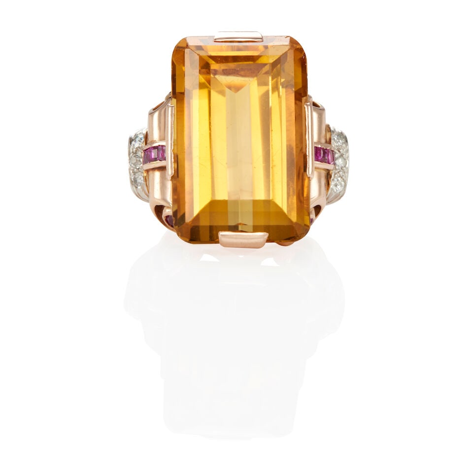 RETRO 14K GOLD, CITRINE AND DIAMOND RING (1 of 2)