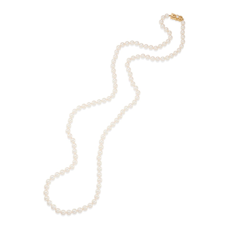 MIKIMOTO: 18K GOLD AND CULTURED PEARL NECKLACE: MIKIMOTO: 18K GOLD AND CULTURED PEARL NECKLACE • 18k yellow gold • Numerous spherical drilled cultured pearls measuring from 6.00 mm to 6.45 mm each in diameter • 1 spherical half-dr