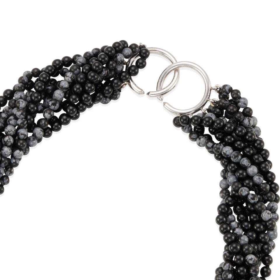 TIFFANY & CO.: STERLING SILVER, ONYX, AND SNOWFLAKE OBSIDIAN TORSADE NECKLACE - 2