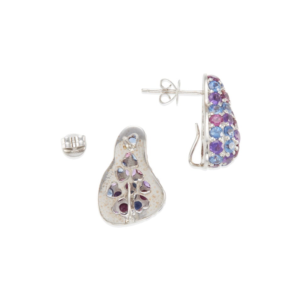 PAIR OF 18K GOLD, SAPPHIRE, AMETHYST, AND RHODOLITE GARNET EAR STUDS - 2