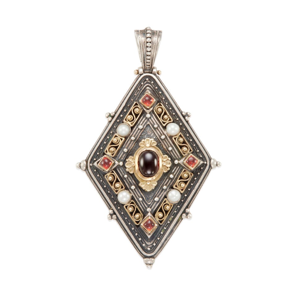 KONSTANTINO: STERLING SILVER, 18K GOLD, GARNET, AND CULTURED PEARL ENHANCER/PENDANT: KONSTANTINO: STERLING SILVER, 18K GOLD, GARNET, AND CULTURED PEARL ENHANCER/PENDANT • Sterling silver and 18k yellow gold • 5 round and oval cabochon garnets weighing approximately 2.15 -