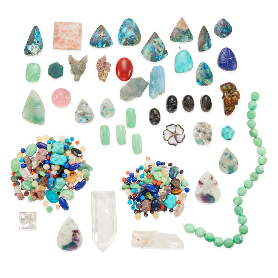 GROUP OF LOOSE MIXED STONES: GROUP OF LOOSE MIXED STONES • Numerous loose stones including, but not limited to, turquoise, lapis lazuli, opal, coral, quartz, and chalcedony, in a variety of forms such as tumbled, faceted,