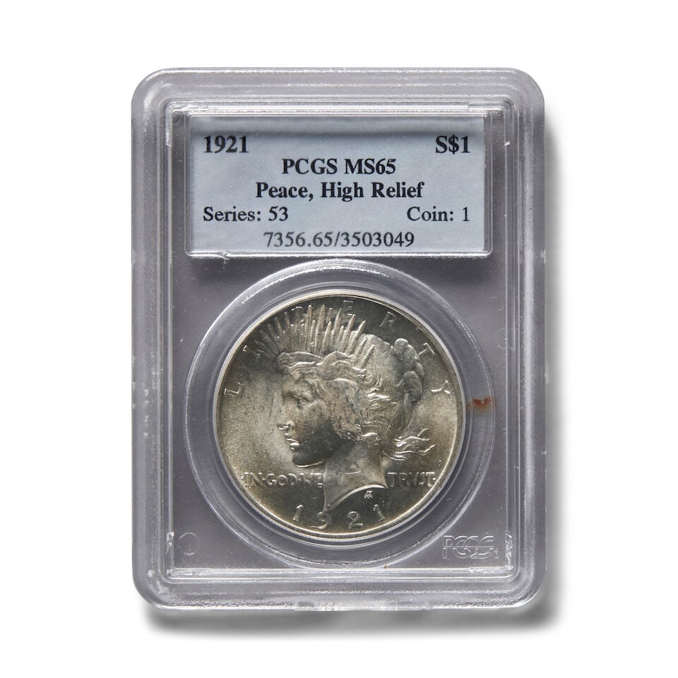 A UNITED STATES 1921 HIGH RELIEF PEACE DOLLAR, PCGS MS65.: A UNITED STATES 1921 HIGH RELIEF PEACE DOLLAR, PCGS MS65. Graded PCGS, MS65. For further information on this lot please visit Bonhams.com For further information about this lot please visit the