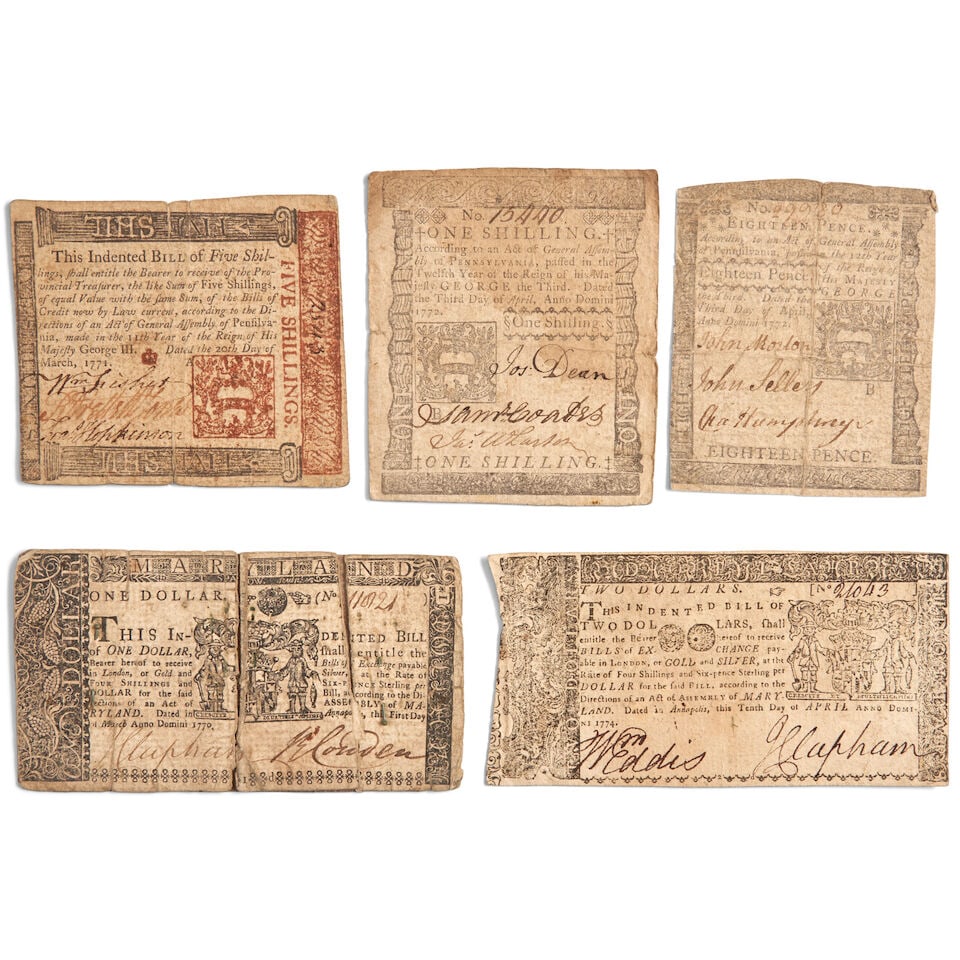 FIVE PENNSYLVANIA AND MARYLAND COLONIAL CURRENCY NOTES.: FIVE PENNSYLVANIA AND MARYLAND COLONIAL CURRENCY NOTES. Including: Pennsylvania, Five Shillings, March 20, 1771, signed by William Fisher, Robert Strettell Jones and Francis Hopkinson (signer of the