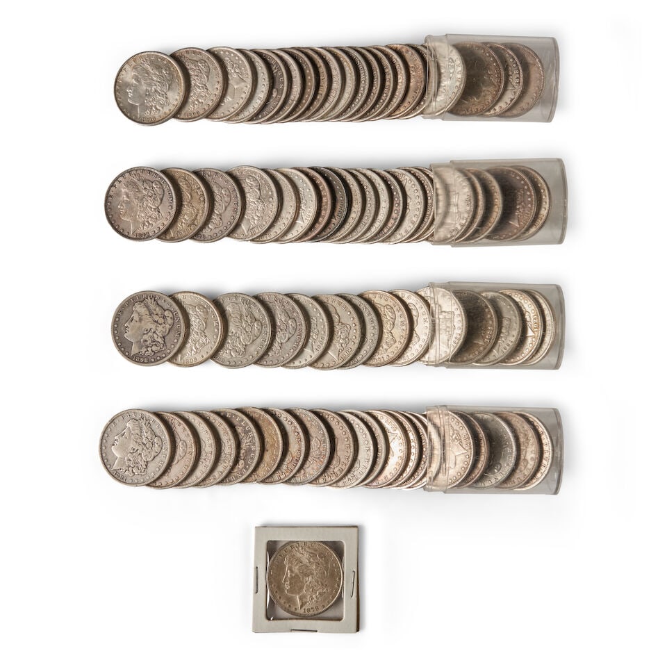 SEVENTY-FIVE CIRCULATED UNITED STATES MORGAN DOLLARS.: SEVENTY-FIVE CIRCULATED UNITED STATES MORGAN DOLLARS. Including: 1878 (2), 1878-S, 1878-CC, 1879, 1879-S, 1879-O, 1880 (3), 1880-O (7), 1881 (2), 1881-S (2), 1881-O, 1882, 1883 (2), 1883-S, 1883-O (2)