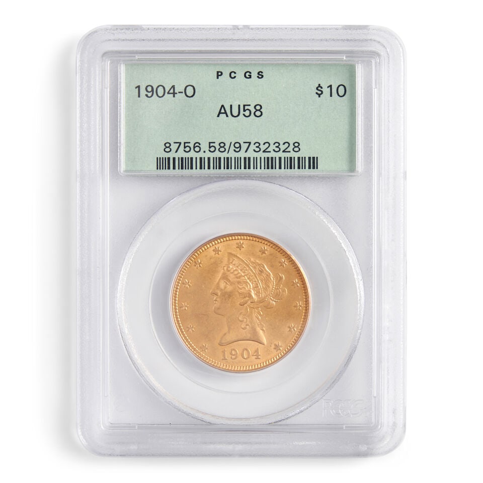 A UNITED STATES 1904-O LIBERTY HEAD $10 EAGLE GOLD COIN, PCGS AU58. (1 of 2)