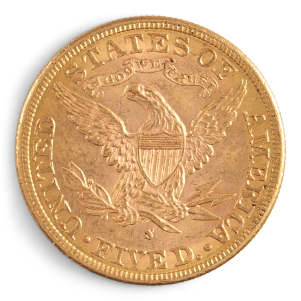A UNITED STATES 1887-S LIBERTY HEAD $5 HALF EAGLE GOLD COIN. - 2