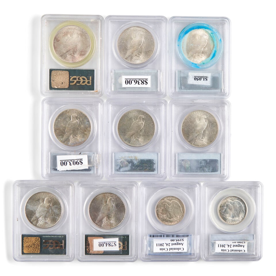 EIGHT UNITED STATES PEACE DOLLARS AND TWO WALKING LIBERTY HALF DOLLARS. - 2