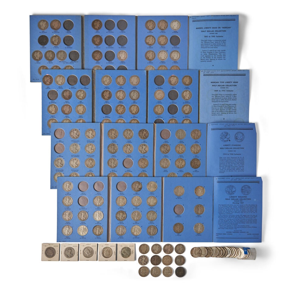 A COLLECTION OF BARBER, WALKING LIBERTY, FRANKLIN AND KENNEDY HALF DOLLARS.: A COLLECTION OF BARBER, WALKING LIBERTY, FRANKLIN AND KENNEDY HALF DOLLARS. Including: Barber (in Whitman albums): 1892, 1892-O, 1893 (counterfeit), 1893-O, 1894, 1894-O, 1894-S, 1895, 1895-O, 1895-S,