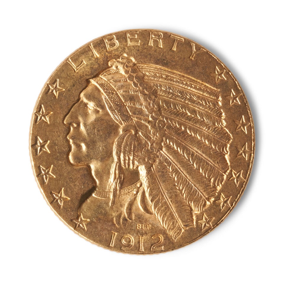 A UNITED STATES 1912 INDIAN HEAD $5 HALF EAGLE GOLD COIN. (1 of 2)