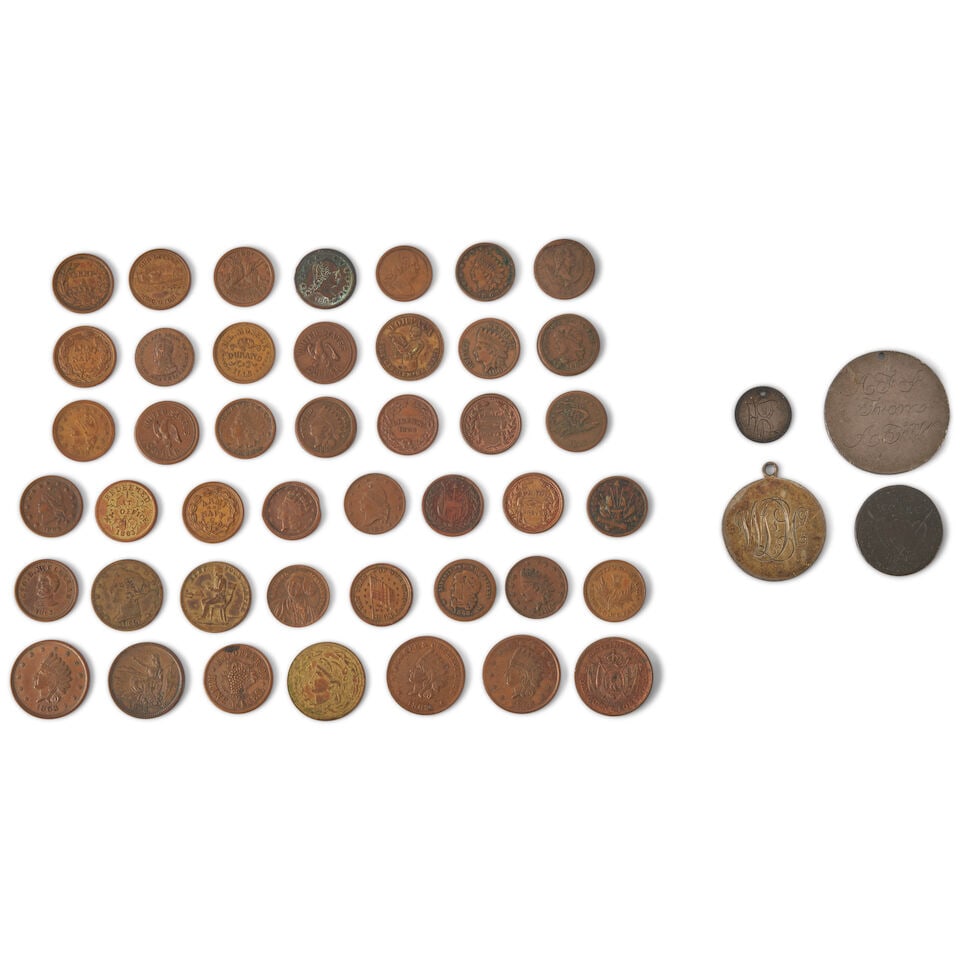 A COLLECTION OF FORTY-FIVE CIVIL WAR AND ENGRAVED LOVE TOKENS.: A COLLECTION OF FORTY-FIVE CIVIL WAR AND ENGRAVED LOVE TOKENS. Including: Army & NAVY Army & Navy/The Federal Union It Must and Shall be Preserved (2) Army & Navy/Geo. B. McClellan 1863 Union For Ever