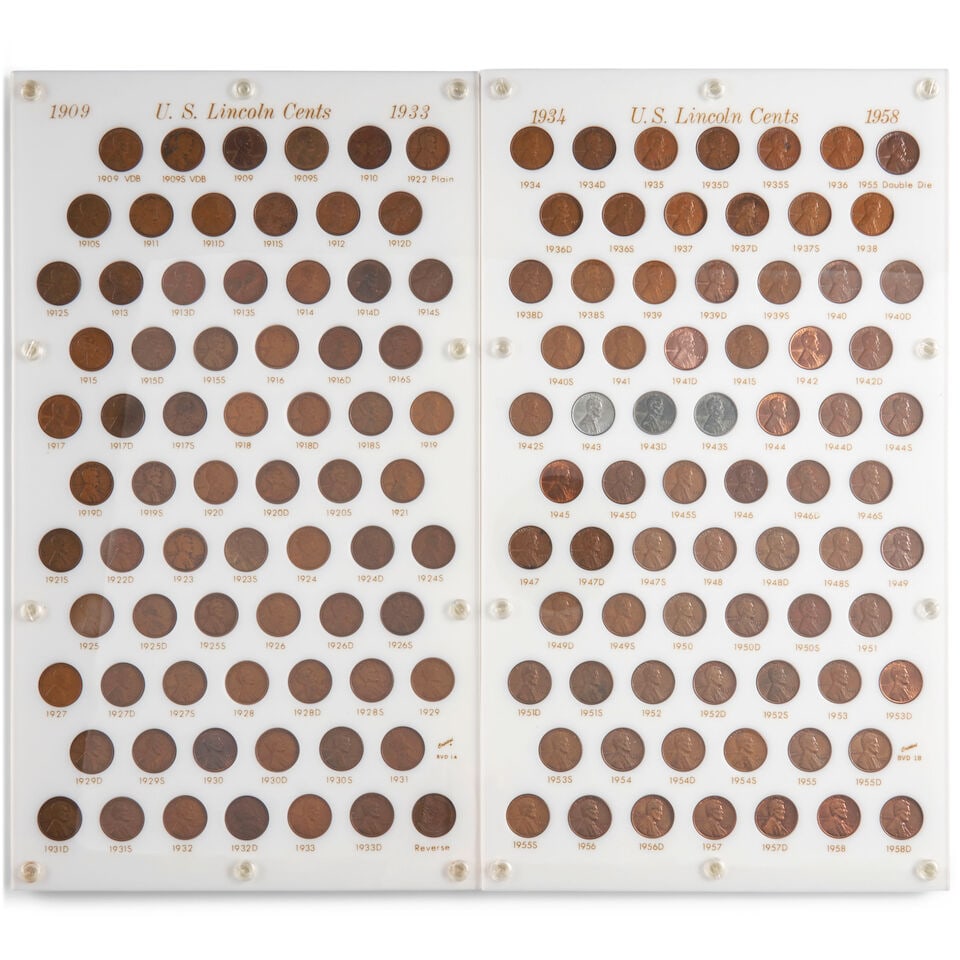 A SET OF 143 UNITED STATES LINCOLN CENTS, 1909-1958.: A SET OF 143 UNITED STATES LINCOLN CENTS, 1909-1958. Housed in a Capital Plastics holder including all regular issues from 1909-1958 including 1909-S VDB, 1909-S, 1914-D, 1922 plain strong reverse, an