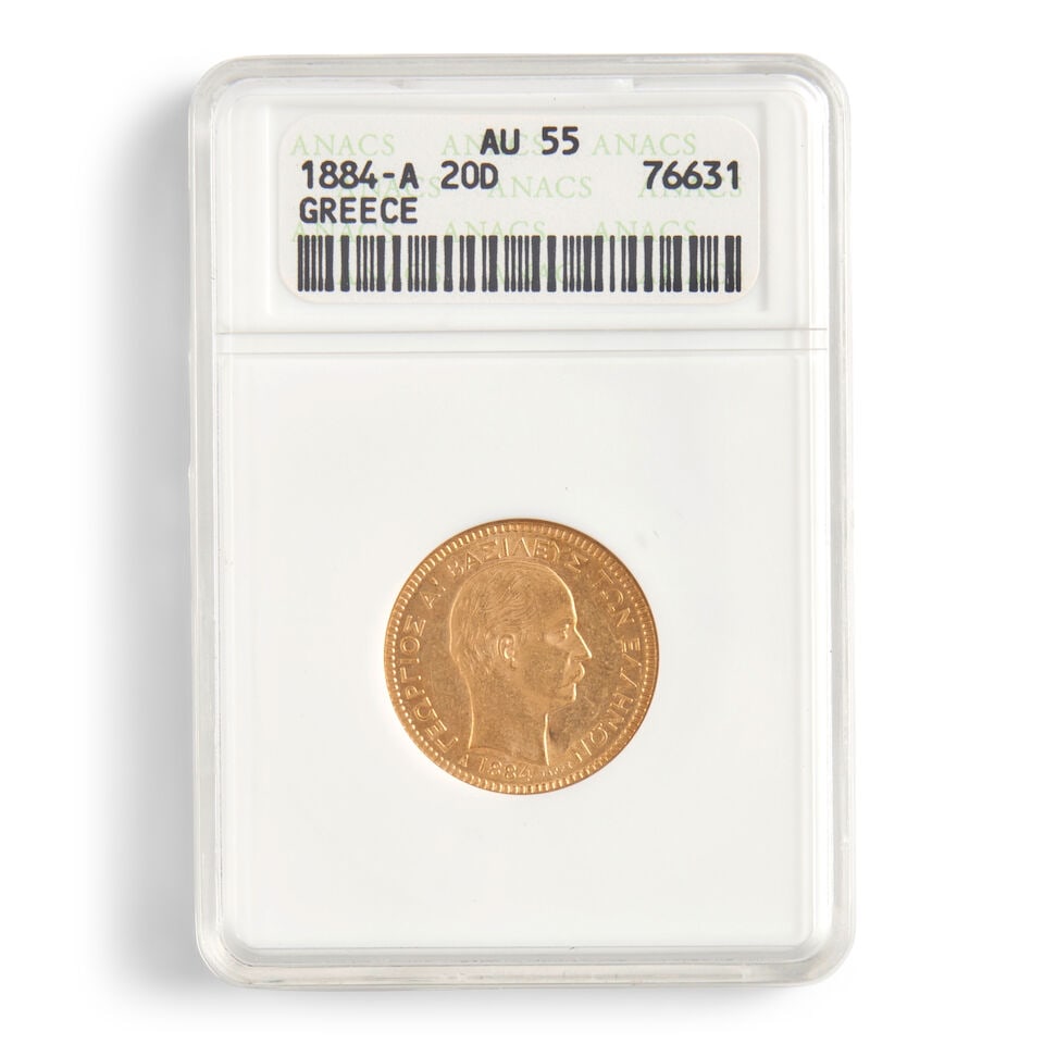 A GREECE 1884-A 20 DRACHMAI GOLD COIN, ANACS AU55.: A GREECE 1884-A 20 DRACHMAI GOLD COIN, ANACS AU55. Graded ANACS, AU55. For further information on this lot please visit Bonhams.com For further information about this lot please visit the lot