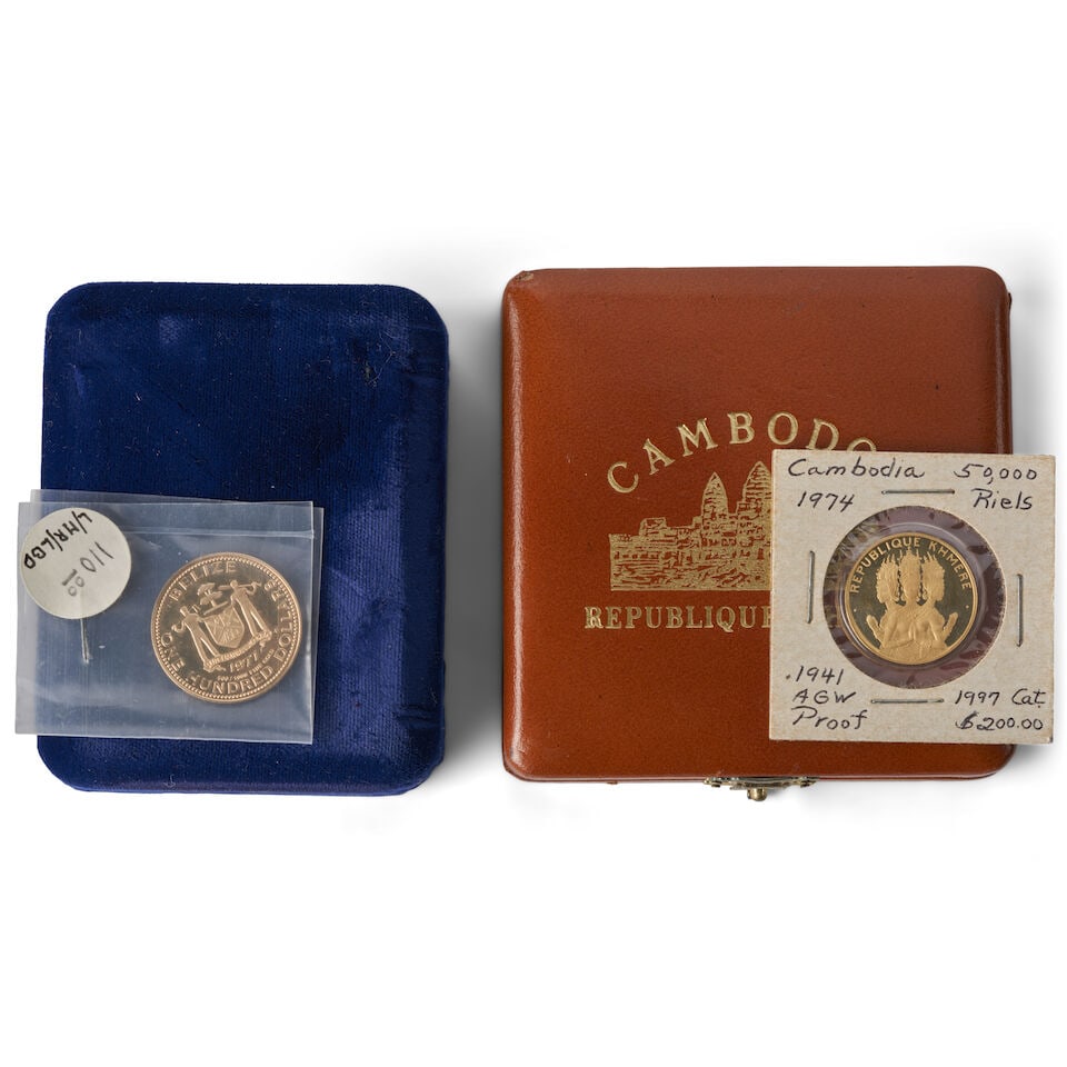 TWO FOREIGN PROOF GOLD COINS.: TWO FOREIGN PROOF GOLD COINS. Including: Cambodia 1974 50,000 Riels with original presentation case (AGW 0.1942 oz.). Belize 1977 One Hundred Dollars with original presentation case and paper (AGW 0.0