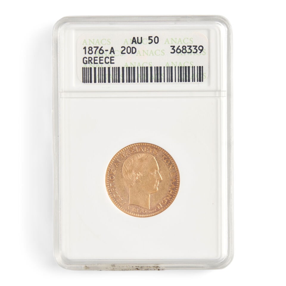 A GREECE 1876-A 20 DRACHMAI GOLD COIN, ANACS AU50.: A GREECE 1876-A 20 DRACHMAI GOLD COIN, ANACS AU50. Graded ANACS, AU50. For further information on this lot please visit Bonhams.com For further information about this lot please visit the lot