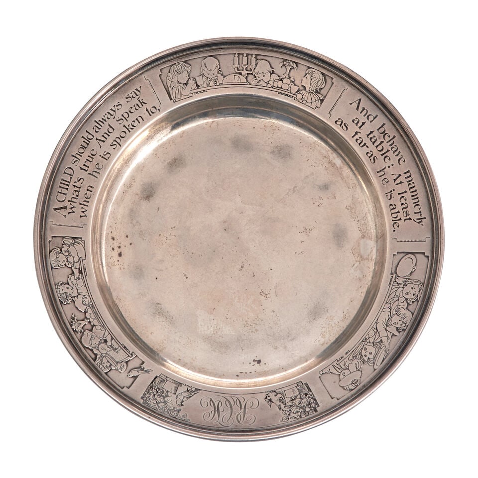 Sterling Silver Child's Plate,: Sterling Silver Child's Plate, Newark, New Jersey, early 20th century, William B. Kerr & Co., maker, monogrammed, with acid etched panels depicting children at the dinner table, and phrases