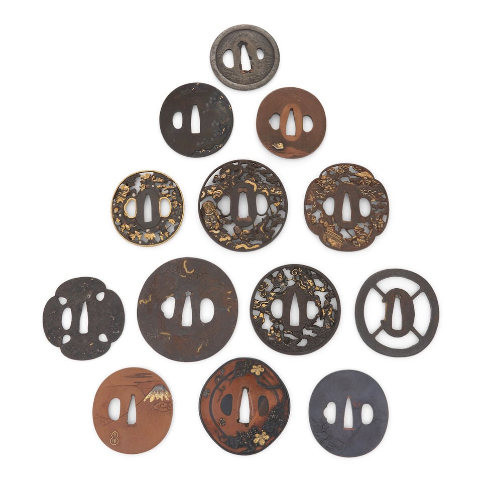 Thirteen Mixed-Metal Tsuba Japan, late Edo period (1615-1868) or Meiji era (1868-1912), (13) (1 of 2)
