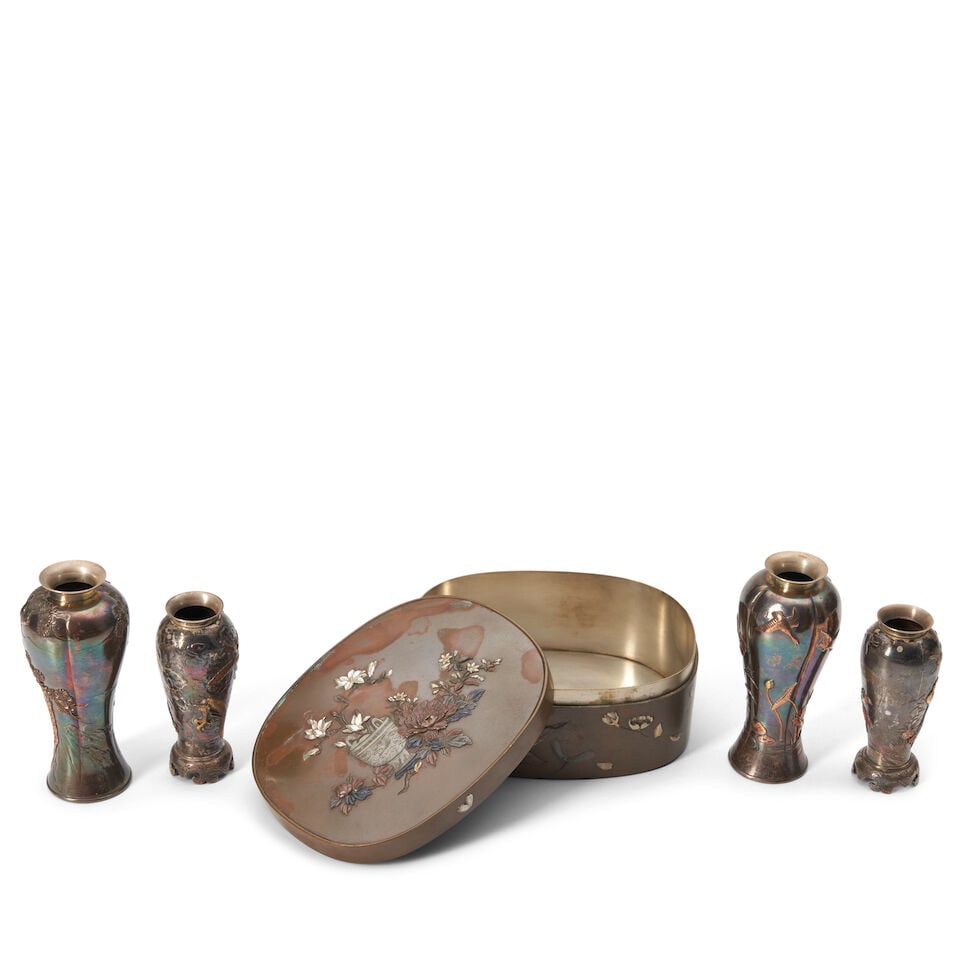 Four Silver Vases and a Mixed-metal Box Japan, Meiji (1868-1912) or Taisho (1912-1926) era, late... - 2