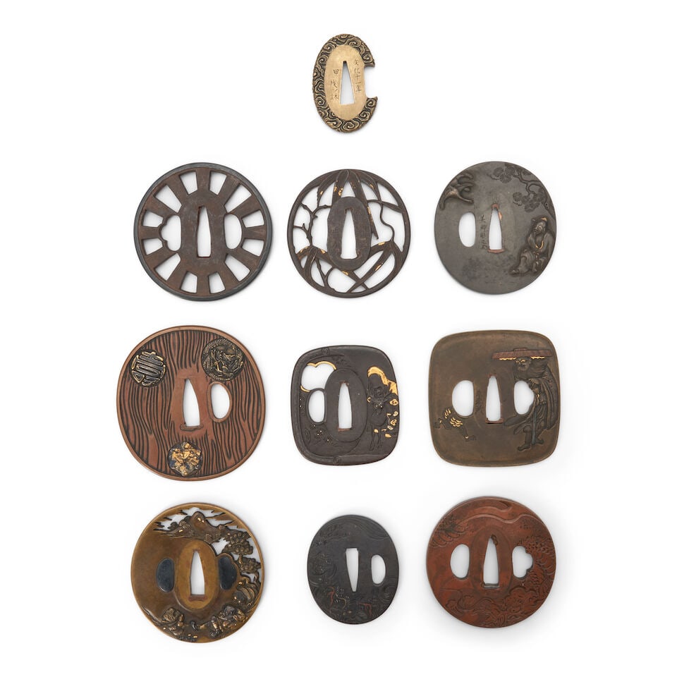 Ten Mixed-Metal Tsuba Japan, late Edo period (1615-1868) or Meiji era (1868-1912), (10): Ten Mixed-Metal Tsuba Japan, late Edo period (1615-1868) or Meiji era (1868-1912), Three openwork iron; one copper-coated iron; two shibuichi; two brass; one copper; and one shakudo, 3 1/8in (7.9cm) d