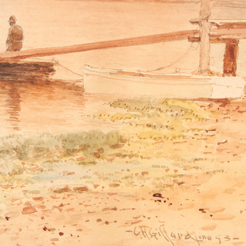 Charles Henry Gifford (1839-1904) On the Pier in a Quiet Harbor sheet size 10 5/8 x 14 in. (27.0... - 2