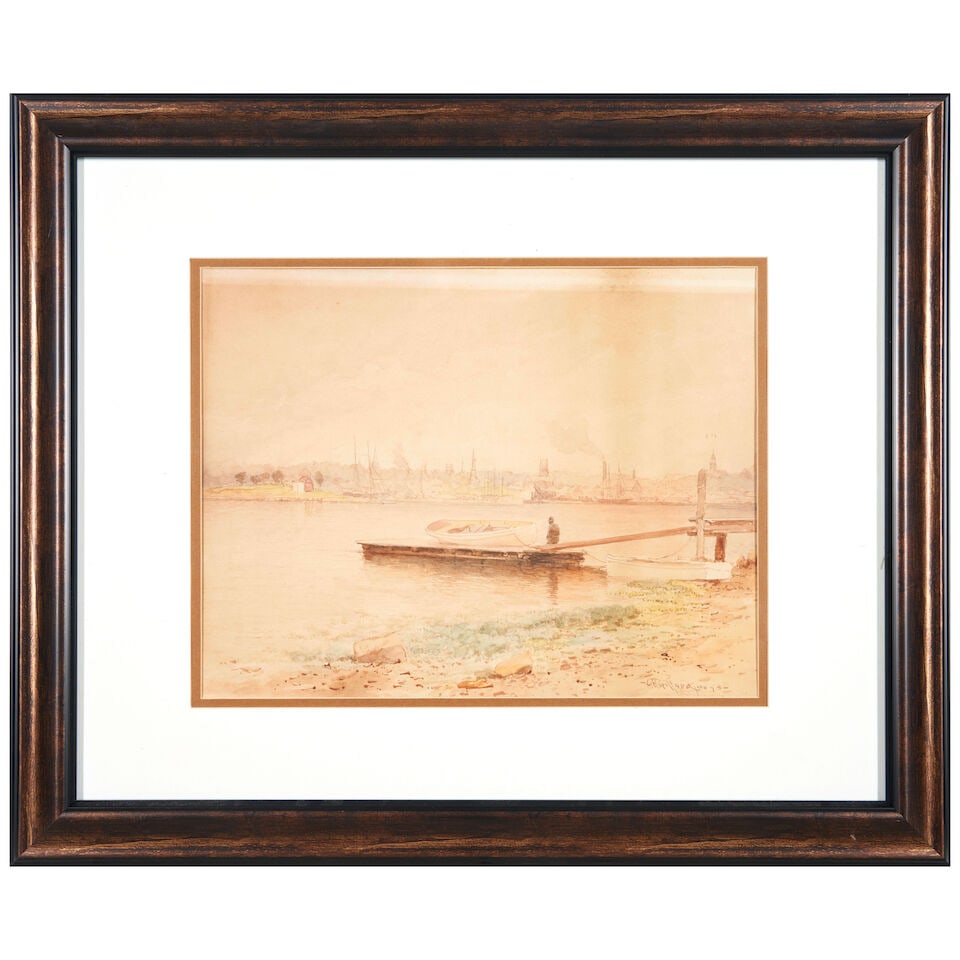 Charles Henry Gifford (1839-1904) On the Pier in a Quiet Harbor sheet size 10 5/8 x 14 in. (27.0... - 3