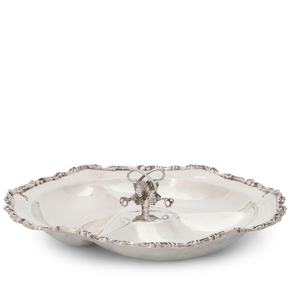 Mexican Sterling Silver Tri-Part Dish,: Mexican Sterling Silver Tri-Part Dish, 20th century, Heather & Sons, maker, circular with an undulating border and cast rim, centered by a leaf-form handle, dia. 12 in., approx. 23.40 troy oz. For