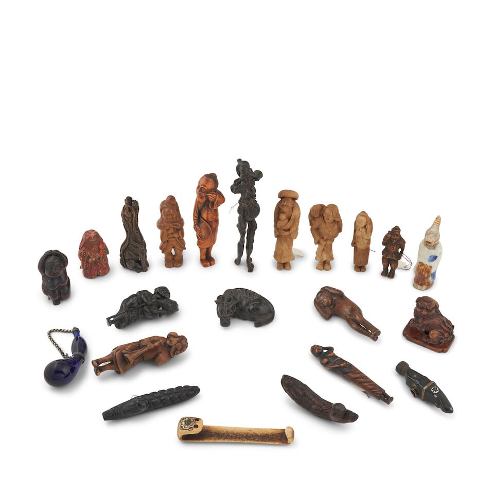 Nineteen Wood and Mixed-Media Netsukes, One Porcelain Netsuke, and Two Pendants, Japan, (1 of 1)