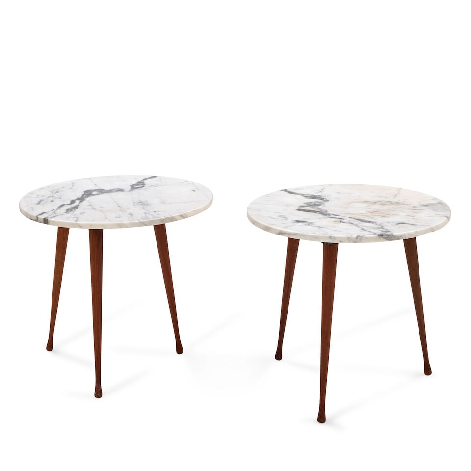 Pair Of Modernist Side Tables mid-20th century, walnut, marble, iron frames, unmarked, ht. 22 1/... - 2