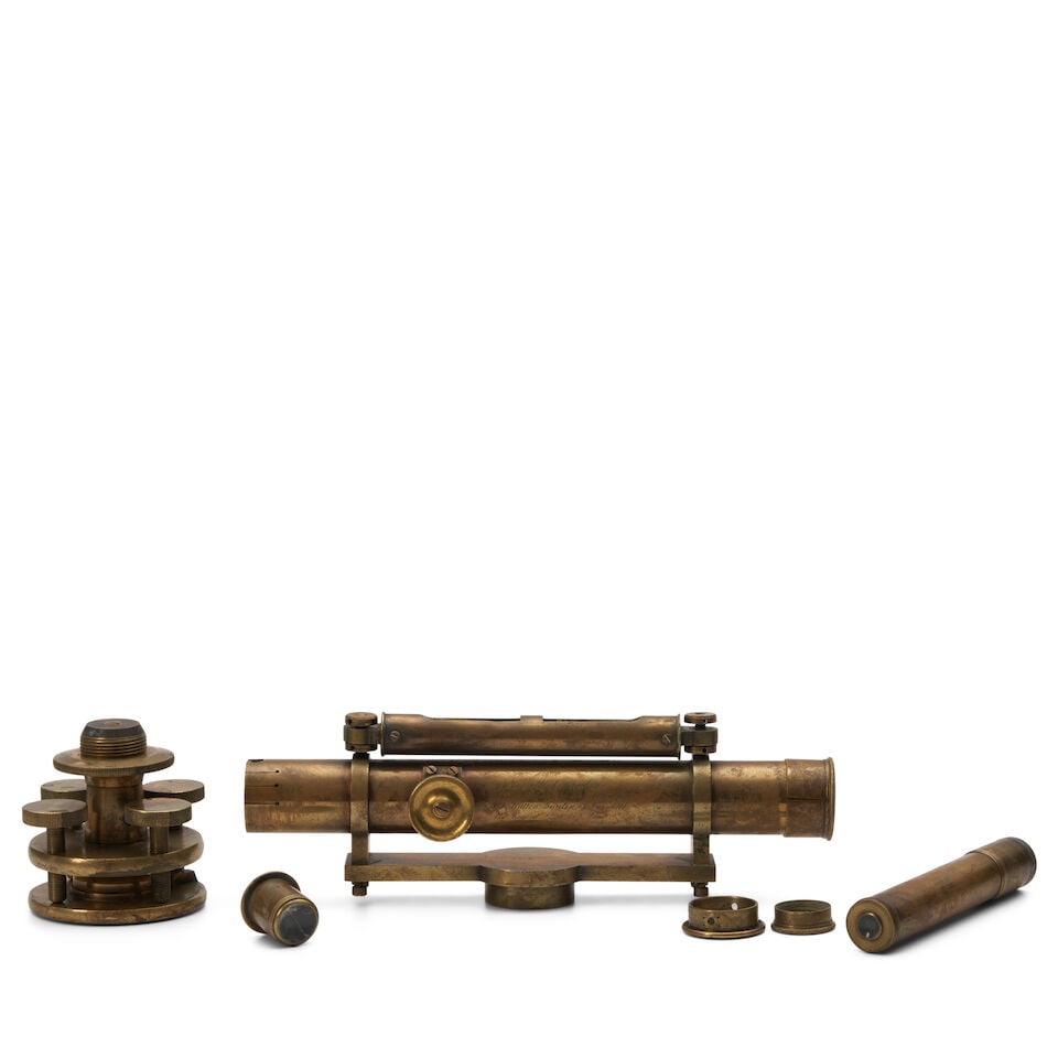 An English Brass Surveyor's Level By Negretti and Zambra, Mid-19th century,: An English Brass Surveyor's Level By Negretti and Zambra, Mid-19th century, engrved 'Negretti & Zambra,' housed in fitted wooden case with accessories, level lg. 8 3/4, case lg. 13 3/8, wd. 3 5/8,