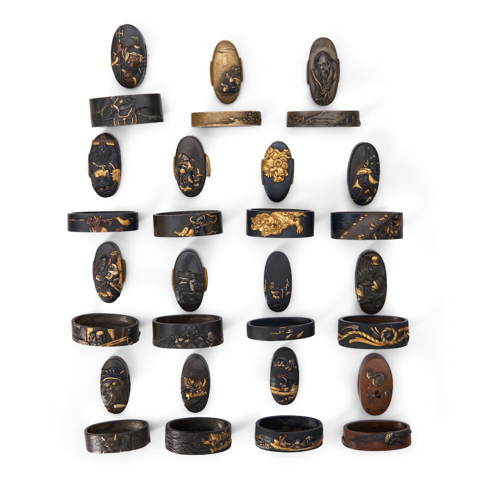 Fifteen Pairs of Fuchi-gashira, Japan, Edo period (1615-1868) or Meiji era (1868-1912), (15): Fifteen Pairs of Fuchi-gashira, Japan, Edo period (1615-1868) or Meiji era (1868-1912), Seven shakudo migakiji pairs; four shakudo nanako pairs; one mixed pair; one shibuichi; one copper; and one bras