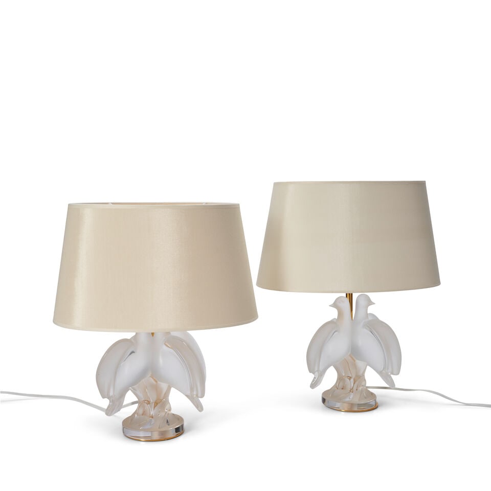 Pair of Lalique 'Ariane' Crystal Table Lamps with Shades, 20th century, (1 of 2)