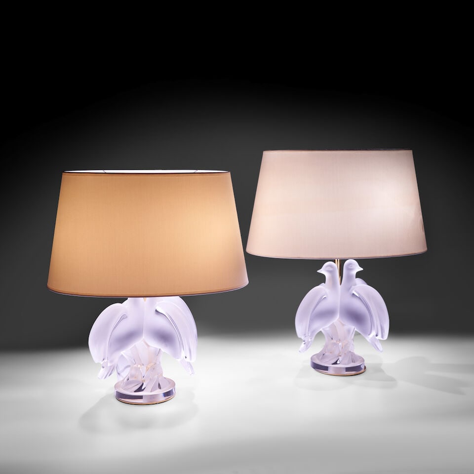 Pair of Lalique 'Ariane' Crystal Table Lamps with Shades, 20th century, - 2