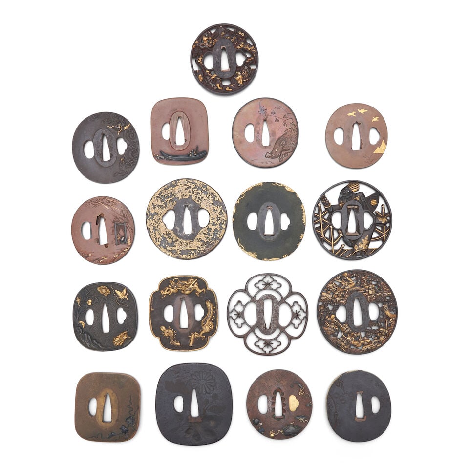 Seventeen Mixed-Metal Tsuba Japan, late Edo period (1615-1868) or Meiji era (1868-1912), (17): Seventeen Mixed-Metal Tsuba Japan, late Edo period (1615-1868) or Meiji era (1868-1912), Eight iron; three shakudo nanako; five copper; and one brass. 3 1/8in (7.9cm) diam of largest (17). Lot to be s