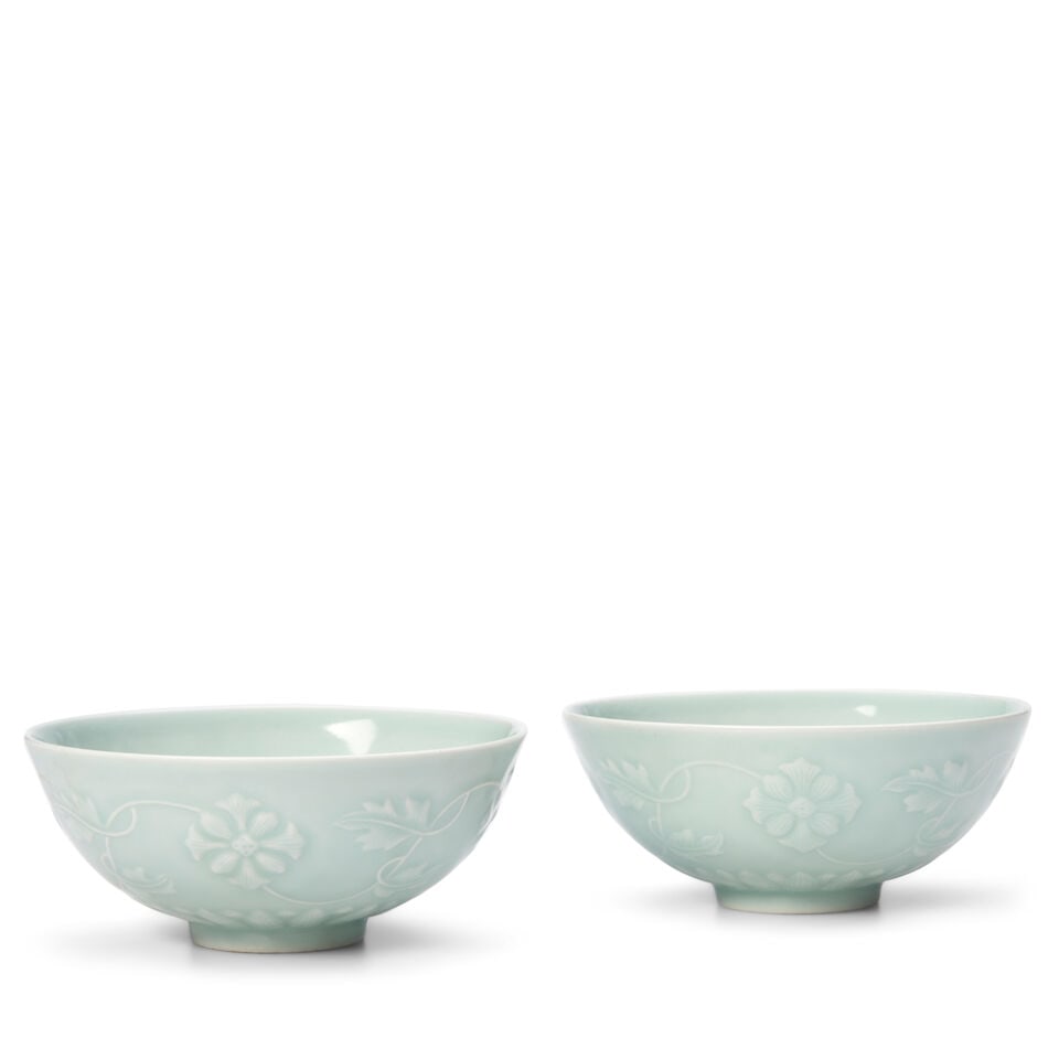 A Pair of Celadon-glazed Molded Floral Bowls China, Yongzheng marks but 20th century, (2) (1 of 3)