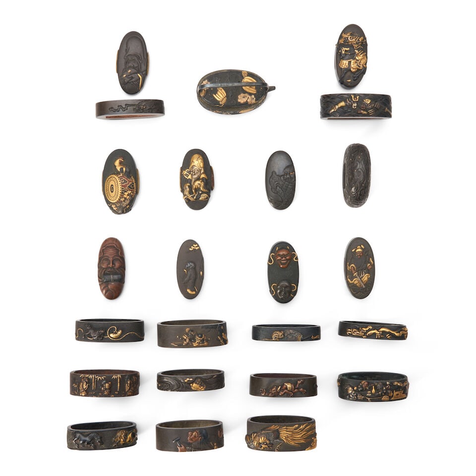 Twenty-four Mixed-Metal Fuchi and Kashira Japan, late Edo period (1615-1868) or Meiji era (1868-...: Twenty-four Mixed-Metal Fuchi and Kashira Japan, late Edo period (1615-1868) or Meiji era (1868-1912), Including three possible matched sets, one of which has been fashioned into a water dropper with 
